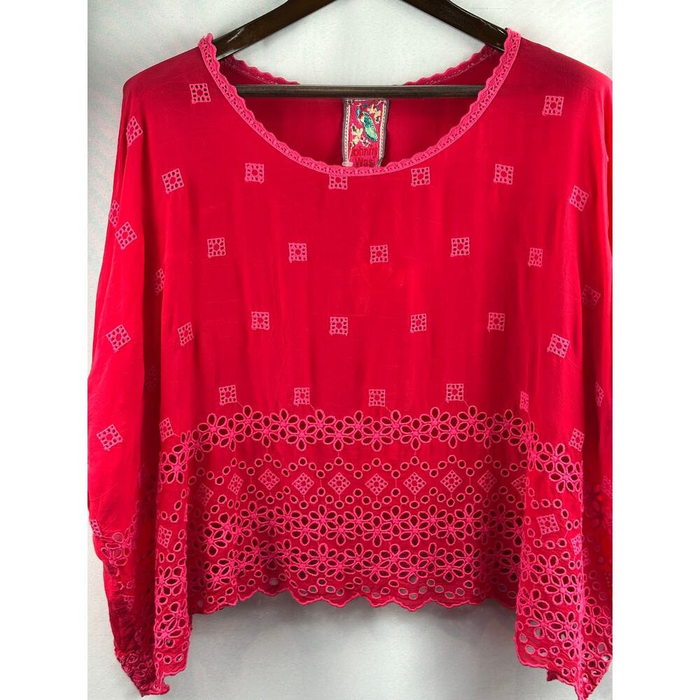 Johnny Was Bright Pink Red Eyelet Blouse